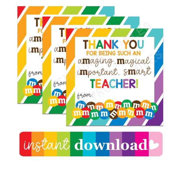 Teacher Appreciation Printable Tag | Teacher Rainbow Tags | Staff Gift Ideas | M&M Candy Gift Tag for Teachers | Digital Download | Teachers