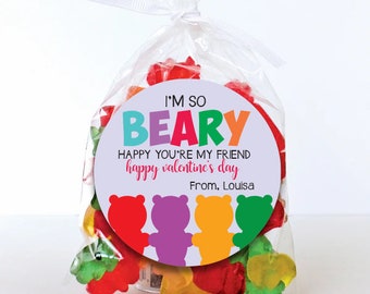 Valentine Day Stickers - Gummy Bear Treat Favor Stickers - I'm beary happy to be your friend - school classroom valentine party treat bags