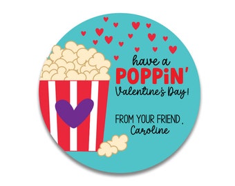 Pegatinas personalizadas para el Día de San Valentín, pegatinas de palomitas de maíz para el Día de San Valentín, etiquetas personalizadas de San Valentín para la escuela para bolsas de regalos