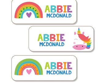 Gepersonaliseerde naamlabels, Rainbow Unicorn Name Stickers | Waterdichte vaatwasserlabels | Stickers voor kinderen voor school | Kinderdagverblijf labels