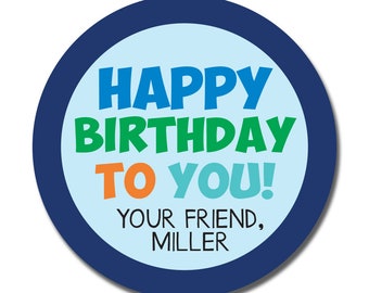 May include: A blue, green, orange, and white round sticker with the text "Happy Birthday to You! Your Friend, Miller".