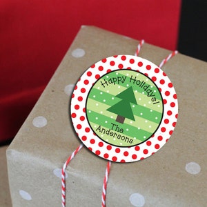 May include: Red and white polka dot circle sticker with a green Christmas tree and the text "Happy Holidays! The Andersons".
