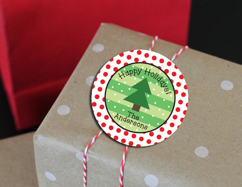 May include: Red and white polka dot circle sticker with a green Christmas tree and the text "Happy Holidays! The Andersons".