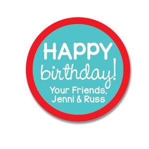 Birthday Favor Stickers, Personalized Birthday Gift Labels, Red and Teal Birthday Tags,  Happy Birthday Kids Gift Sticker