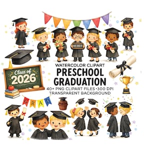 Può includere: Set di clipart ad acquerello con elementi di laurea prescolare. Include bambini in abiti e cappelli da laurea, diplomi, una lavagna con "Class of 2026" e banner decorativi. È visibile anche il testo "Preschool Graduation".