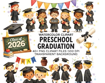 Preschool Graduation Clipart Bundle PNG | Watercolor Graduation Kids | Class of 2026 Clipart | School Graduation Graphics | Commercial Use