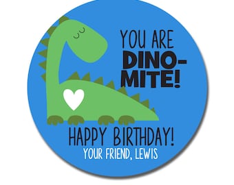 Dinosauriefödelsedagsklistermärken, Personliga födelsedagspresentpåsar för pojke eller flicka, Barnfödelsedagsklistermärken Dino-Mite