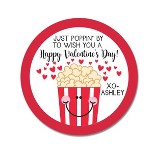 Valentine Stickers for Kids, Popcorn Valentine Treat Stickers, Poppin By to Wish you a Happy Valentines Day