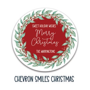Hermosas etiquetas de regalo de Navidad de coronas de Navidad. Corona de acuarela, pegatinas personalizadas para regalos navideños
