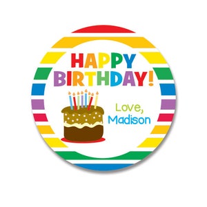 Happy Birthday Gift Labels Personalized - 12 Round Rainbow Gift Labels for Kids Birthdays, Birthday Cake Stickers,