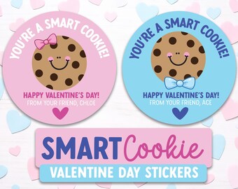 Smart Cookie Valentine Stickers for Kids – Personalized Classroom Valentines Cookie Treat Stickers – Boys & Girls Valentine Favor Labels
