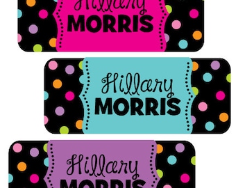 waterproof name labels, personalized school stickers, girl name labels for school, daycare, camp, polkadots