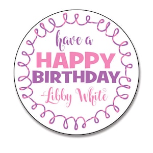Birthday Favor Tags, Personalized Birthday Gift Stickers, Happy Birthday Labels, Pink and Purple, Girls Birthday Stickers