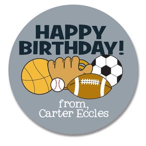Sport-Thema Geburtstag Sticker, Fußball, Fußball, Baseball Geschenkanhänger, personalisierte Sport Geburtstag Partyartikel