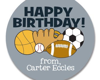 Sports theme birthday stickers, football, soccer, baseball gift tags, Personalized Sports Birthday Party Favors