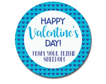 Valentine Day Stickers for Kids, Treat Bag Favor Tags, Valentine Goody Bag Stickers, Blue Hearts, Boy or Girl