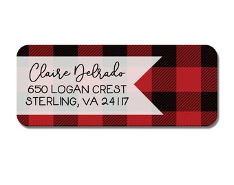 Plaid Return Address Labels, Red and Black Buffalo Plaid Stickers, Personalized Mailing Labels, Envelope Stickers