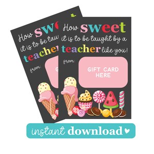 Teacher Gift Card Digital File | Printable Teacher Appreciation | Sweet Teacher Gift Card Holder Instant Download | End of Year Teacher Gift