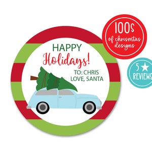 Kerststickers gepersonaliseerd, aangepaste vakantielabels, vintage boerderij blauwe auto kerststickers, cadeaulabels voor Kerstmis
