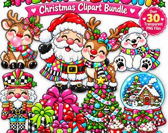Könnte beinhalten: Ein digitales Weihnachts-Clipart-Paket mit bunten Illustrationen von Weihnachtsmann, Rentieren, einem Eisbären, einem Nussknacker, einer Schneekugel, Geschenken und einem Weihnachtsbaum, mit dem Text Merry & Bright Christmas Clipart Bundle.