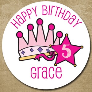 Princess Birthday Stickers, Personalized with Name and Age, Birthday Favor Treat Bag Stickers, Crown and Wand