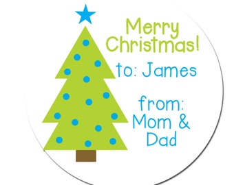 Merry Christmas  Sticker, Holiday Labels, Christmas Tree, Round stickers,  to from,  Christmas Gift Tags