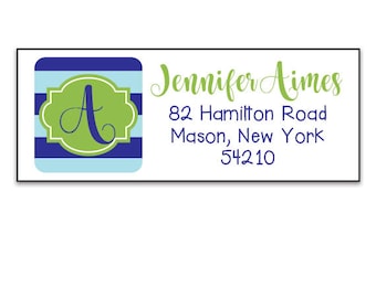 60 Monogram Address Labels,  Personalized Return Mailing Stickers, Blue and Green Stripes