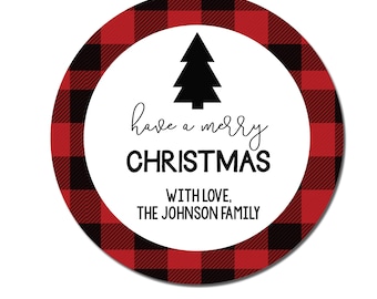 Custom Holiday Gift Stickers, Christmas Labels, Personalized Gift Tags for Christmas, Buffalo Plaid Christmas Tree