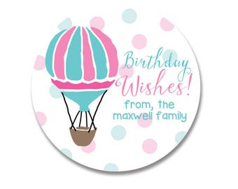 Hot Air Balloon Personalized Sticker, Birthday Stickers, Happy Birthday Gift Labels, Gift Stickers for Birthday,  Balloons, Birthday Wishes