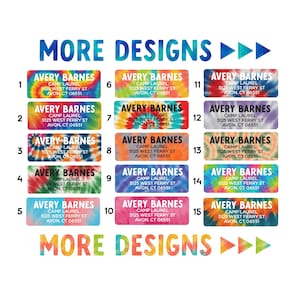 May include: A set of 15 colorful tie-dye labels with the text "Avery Barnes" and contact information for Camp Laurel. The labels are numbered 1 through 15.