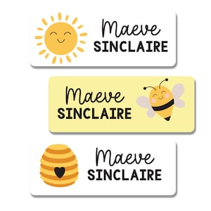 30 Waterproof Name Labels for Girls, School, Daycare and Camp Labels - Personalized and Custom Dishwasher Safe |Bee, Sun and Rainbow