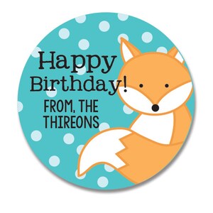 Fox Birthday Gift Stickers, Personalized Round Favor Tags, Woodland theme