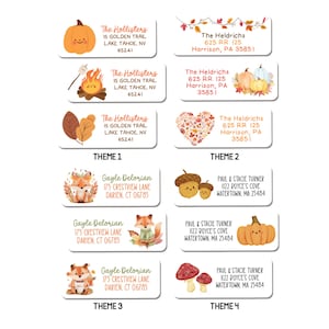 30 Custom Fall Address Labels Personalized with Name, Matte Return Mailing Stickers for Autumn featuring Leaves, Pumpkins, Woodland Animal