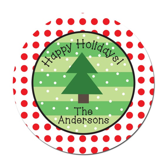 Polka Dot Christmas, Christmas Tree Stickers, Happy Holidays, Holiday Gift Labels, Personalized