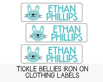 65 White Iron-on Fabric Labels, Iron on Clothing Labels, Bunny Clothing Labels, Custom Clothing Labels, Daycare Clothing labels