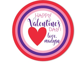 Feliz Día de San Valentín Pegatinas para niños, Clase de San Valentín Candy Bolso Regalo Pegatina, Corazones Rojos y Púrpuras, Etiquetas de San Valentín