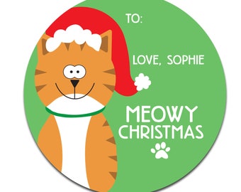 Meowy Christmas Personalized Holiday Stickers, Cat Christmas Stickers, Santa Cat, Custom Holiday Tags