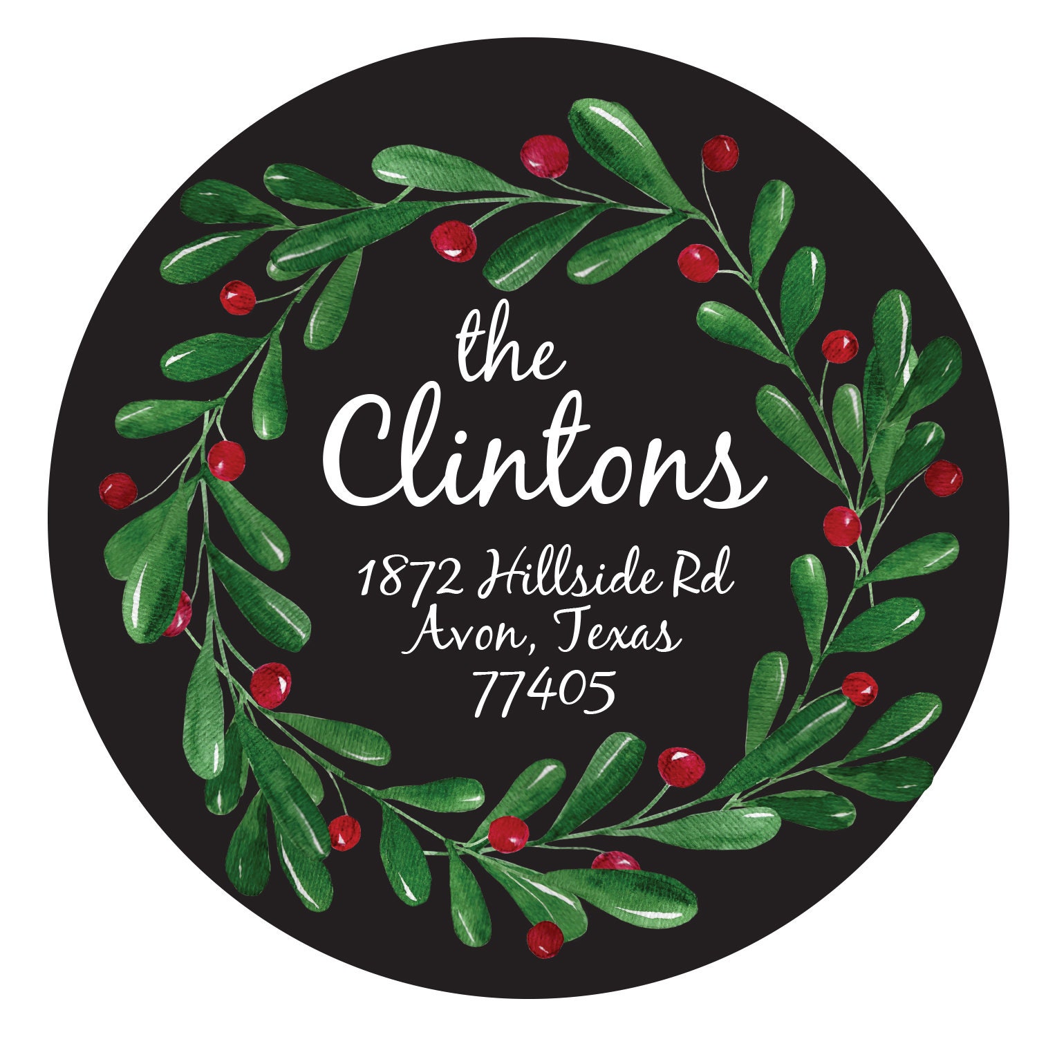 Christmas Wreath Address Label, Round Holiday Mailing Label, Personalized Christmas Card Labels, Envelope Seals