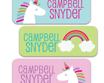 Waterproof Name Labels for School, Daycare, Camp  Personalized Name Labels for Girls, Unicorn Rainbow Design, Unicorn Stickers