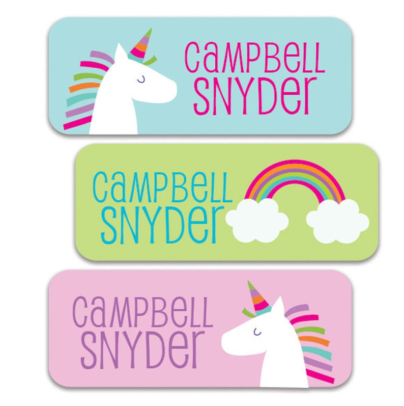 Waterproof Name Labels for School, Daycare, Camp  Personalized Name Labels for Girls, Unicorn Rainbow Design, Unicorn Stickers 