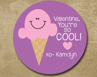 May include: Purple circle Valentine's Day sticker with a pink ice cream cone with a smiling face and the text "Valentine, You're so COOL! xo- Kamdyn"