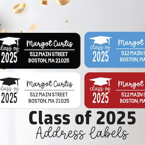 Schulabschluss-Adressrückgabeaufkleber, Klasse von 2025, Schulfarben auswählen, Abschlussfeier lädt Party ein, personalisiert mit Namen