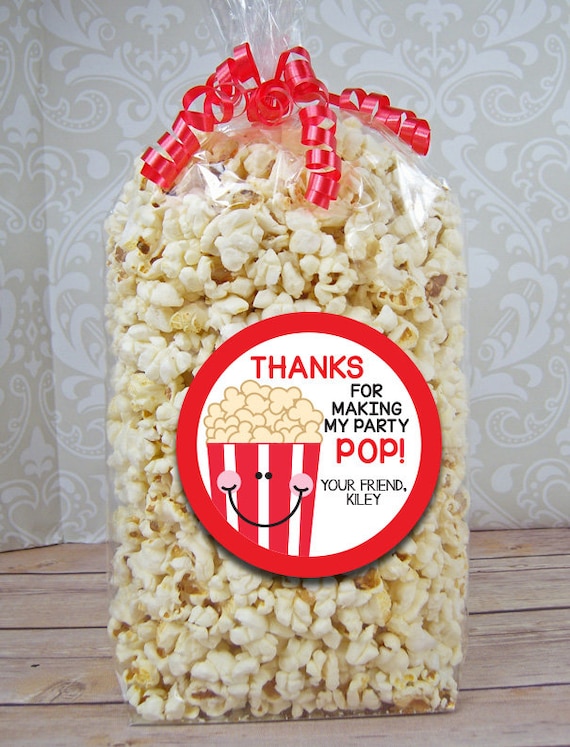 Popcorn Birthday Party Favor Stickers, Thank You Birthday Stickers, Personalized Birthday Tags