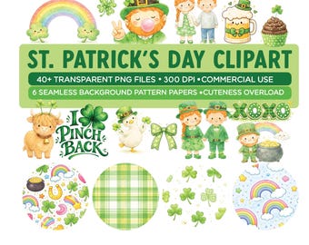 St Patrick's Day Clipart Bundle PNG | Irish Watercolor, Leprechaun Clipart, Lucky Shamrock Graphics, Seamless Pattern Paper, Commercial Use