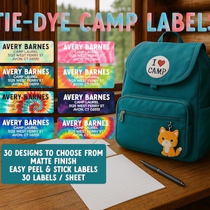 Batik Adressetiketten für Camp | 30 personalisierte bunte Mailing-Etiketten für Summer Camp Letters Home | Kinder Rücksendeumschlag Aufkleber