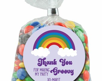 Retro Rainbow Thank You Birthday Stickers | Vintage Rainbow | Custom Name Labels For Birthday Favors | Thanks for Coming to My Party Tags