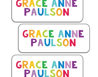 Name Labels for Kids School, Camp and Daycare.  30 Personalized Dishwasher Safe Waterproof Stickers, Rainbow Name Labels