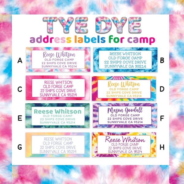 Tye Dye Address Labels / Summer Camp Mailing Stickers / Tie Die Return Address Labels / Personalized Camp Address Labels / Custom Seals