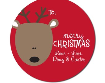 Pegatinas navideñas personalizadas - etiquetas de regalo de renos navideños - Etiquetas de regalo navideño de ciervos, pegatinas de Rudolph, pegatinas de nombre personalizado Navidad