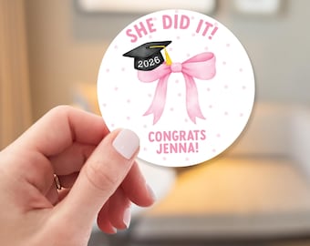 Graduation Party Favor Labels Class of 2026, Coquette Bow Graduation Party Favor Stickers, Custom Graduation Party Favor Labels